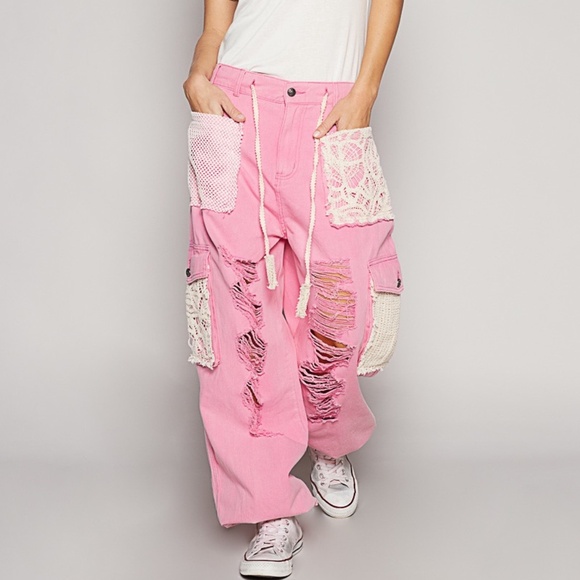 POL Pants - POL Pink Distressed Wide-Leg Track Pants with Crochet Pockets